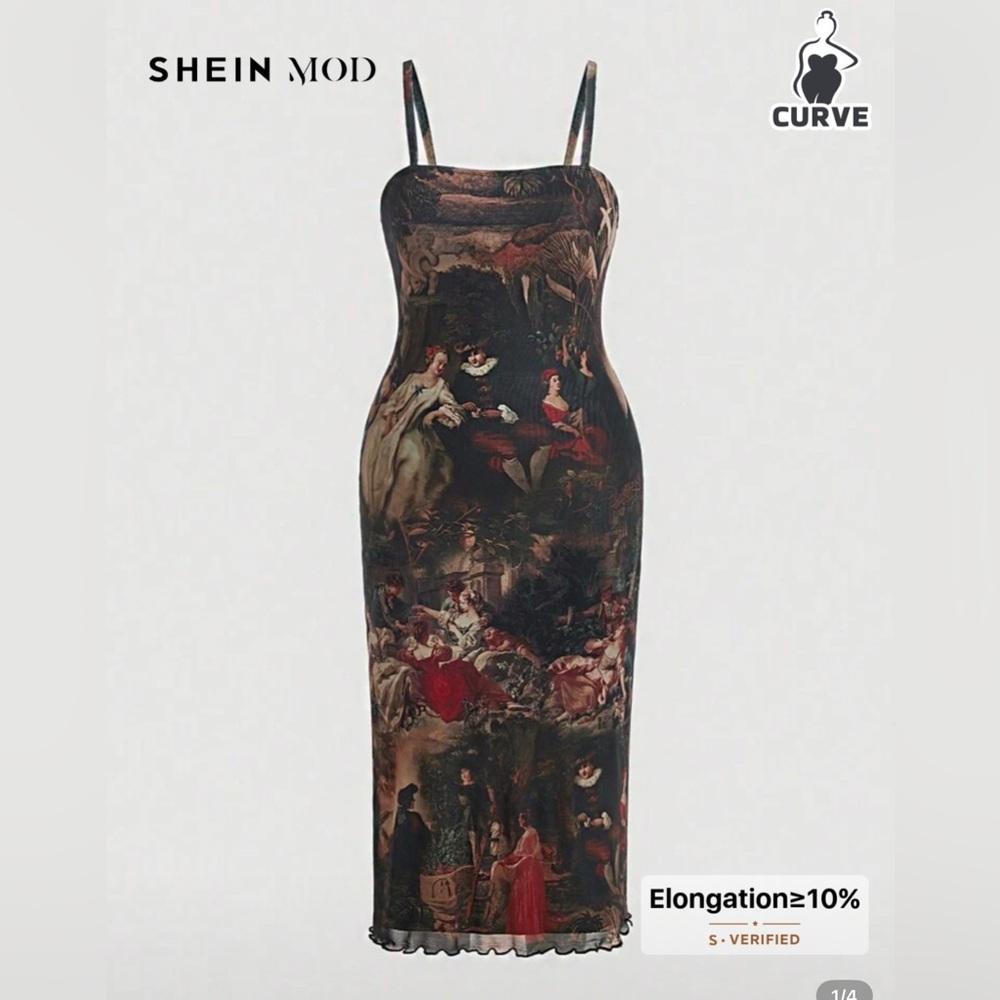 SHEIN MOD Plus Figure Graphic Lettuce Trim Mesh Cami Dress